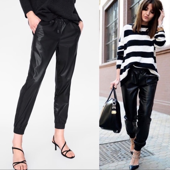Zara Pants - Zara Womens Size S Faux Leather Vegan Jogger Pants High Rise Pockets Black